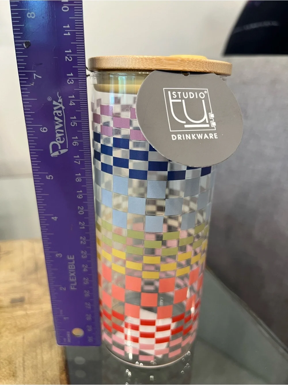 Studio Checkered Multicolor Glass Tumbler with Bamboo Lid